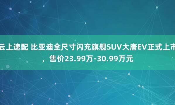 云上速配 比亚迪全尺寸闪充旗舰SUV大唐EV正式上市，售价23.99万-30.99万元